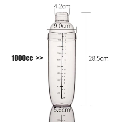 Shaker à cocktail en plastique de grande capacité de 1000 ml avec logo personnalisé imprimé
